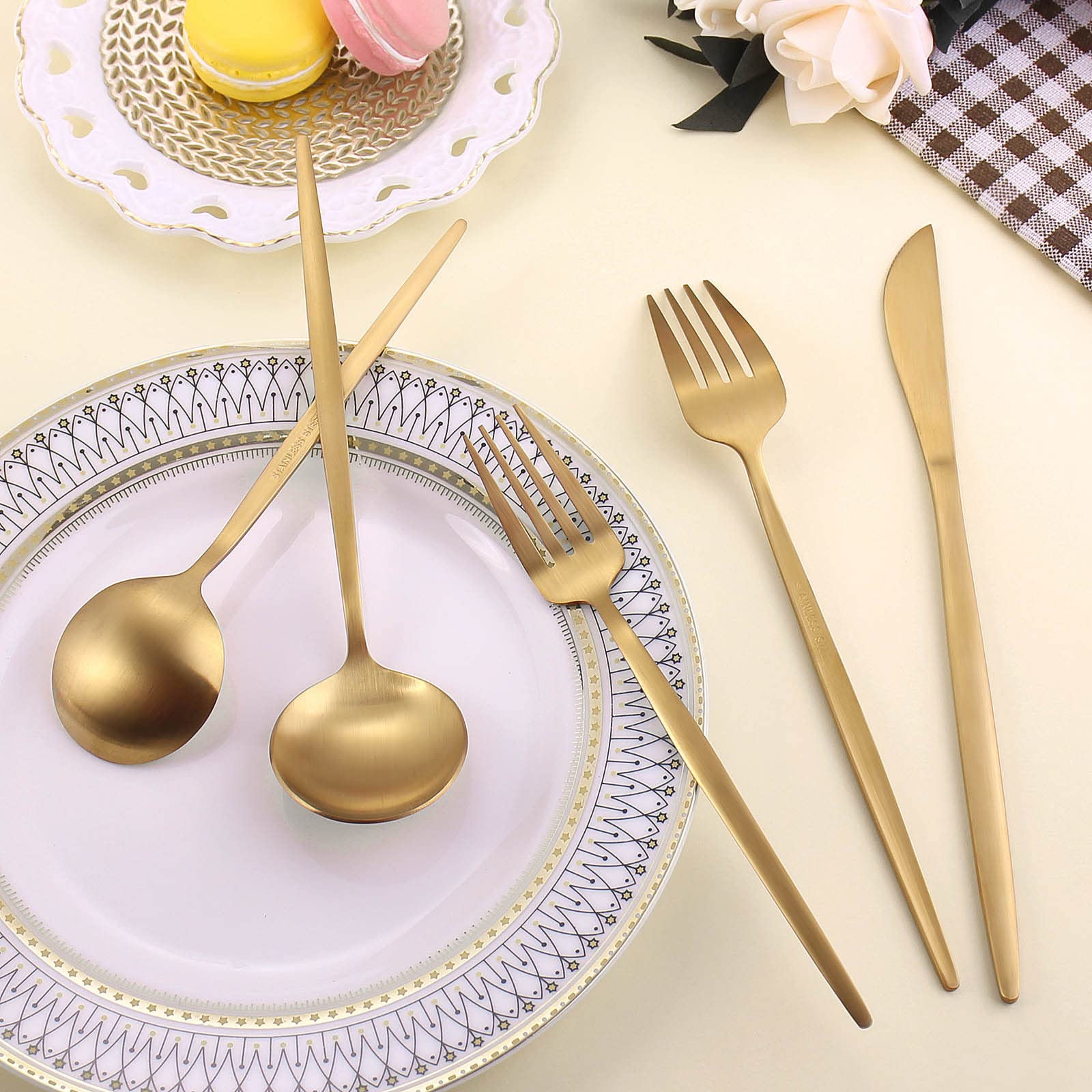 Matte Gold Silverware Set for 8  LAZAHOME Stainless Steel Flatware Cutlery Set  40-Piece Kitchen Utensil Set Include Spoons And Forks Set  Satin Polished Finished  Dishwasher Safe.